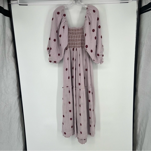 Free People Dahlia Purple Floral Embroidered Puff Sleeve Smocked Midi Dress M - Picture 9 of 9